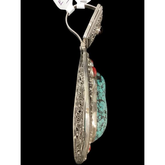 Gorgeous 925 Sterling Silver Statement Pendant Turquoise Garnet Pearl Coral - Picture 2 of 4